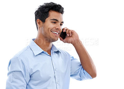 Buy stock photo Professional, man and thinking with phone call for communication, networking and consulting in studio. Happy business advisor or employee speaking on mobile with chat and advice on a white background