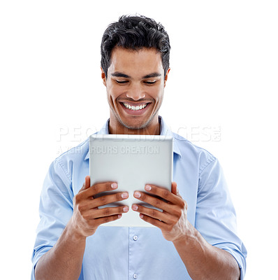 Buy stock photo Business, tablet and happy man in studio for social media, news or information on white background. Digital, search or male consultant online for client communication, help or app for crm service