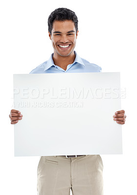 Buy stock photo Poster, mockup and business man in studio with news, presentation or promotion on white background. Banner, recruitment or male agent with space for we are hiring, information or opportunity platform