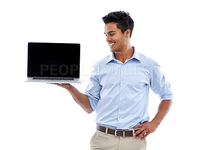 Buy stock photo Business man, laptop and mockup screen for advertising, ads and information with technology in studio. Software, UX and marketing for web design with presentation or slideshow on white background