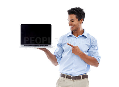 Buy stock photo Business man, laptop and point at mockup screen for advertising, ads and info with tech in studio. Software, UX and marketing for web design with presentation or slideshow on white background