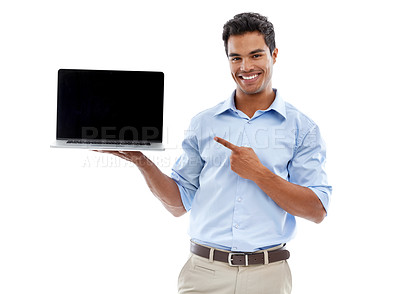Buy stock photo Business man, laptop and pointing at mockup screen for advertising, ads and info with tech in studio. Software, UX and marketing for web design with presentation or slideshow on white background