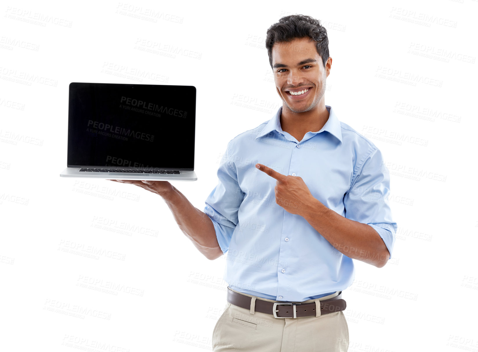 Buy stock photo Business man, laptop and pointing at mockup screen for advertising, ads and info with tech in studio. Software, UX and marketing for web design with presentation or slideshow on white background