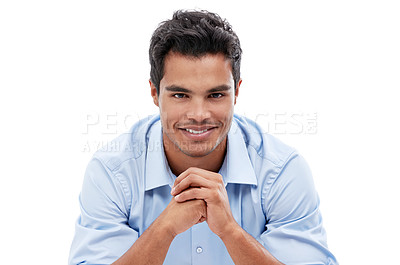 Buy stock photo Professional man, portrait and smile in studio, corporate employee and career in sales on white background. Business, positivity and pride with confident salesman ready for deal and ambition