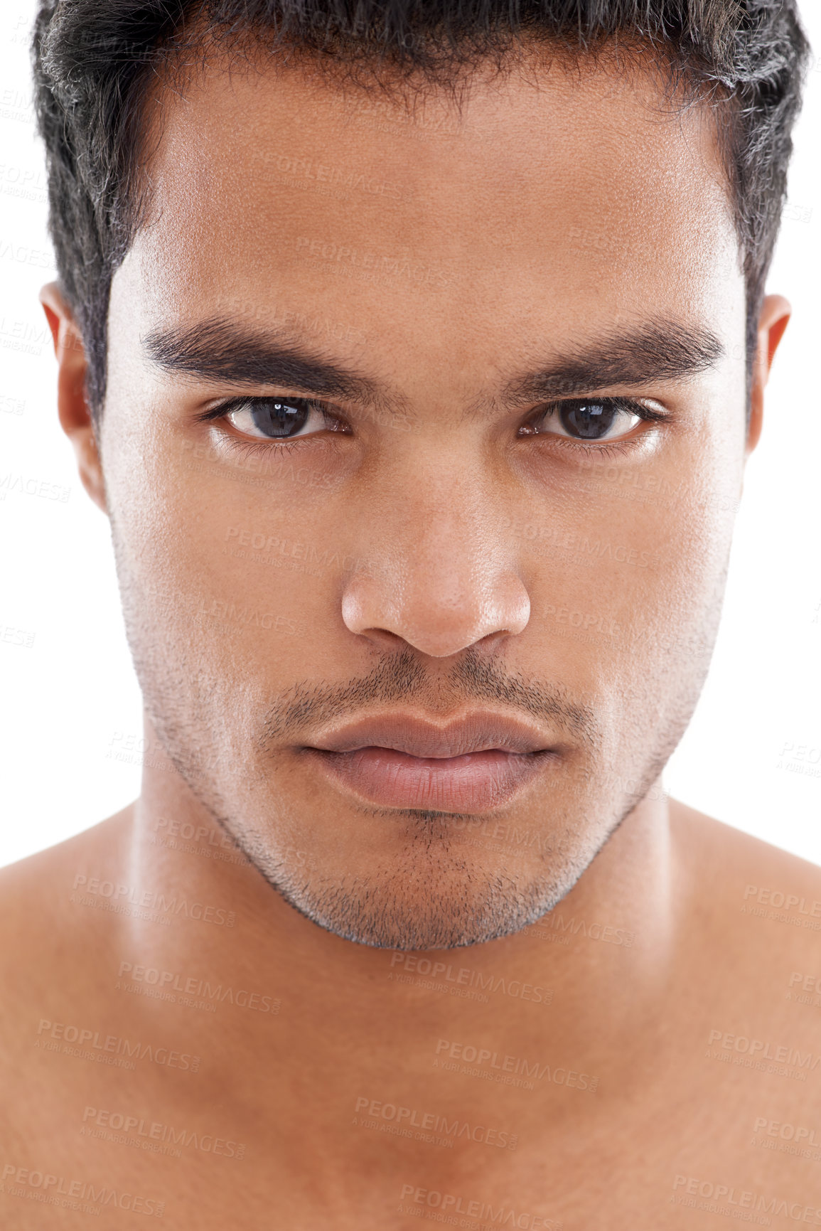 Buy stock photo Portrait, beauty and skincare with young man closeup in studio isolated on white background for cosmetics. Face, aesthetic and wellness with confident model at spa for dermatology or treatment