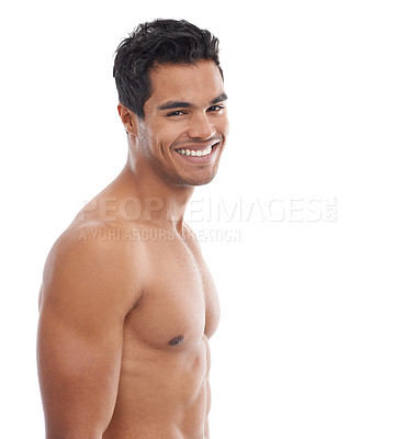 Buy stock photo Body, skincare or portrait of fitness man in studio for wellness, treatment or glowing skin on white background space. Face, mockup or model with beauty, care and dermatology or result satisfaction