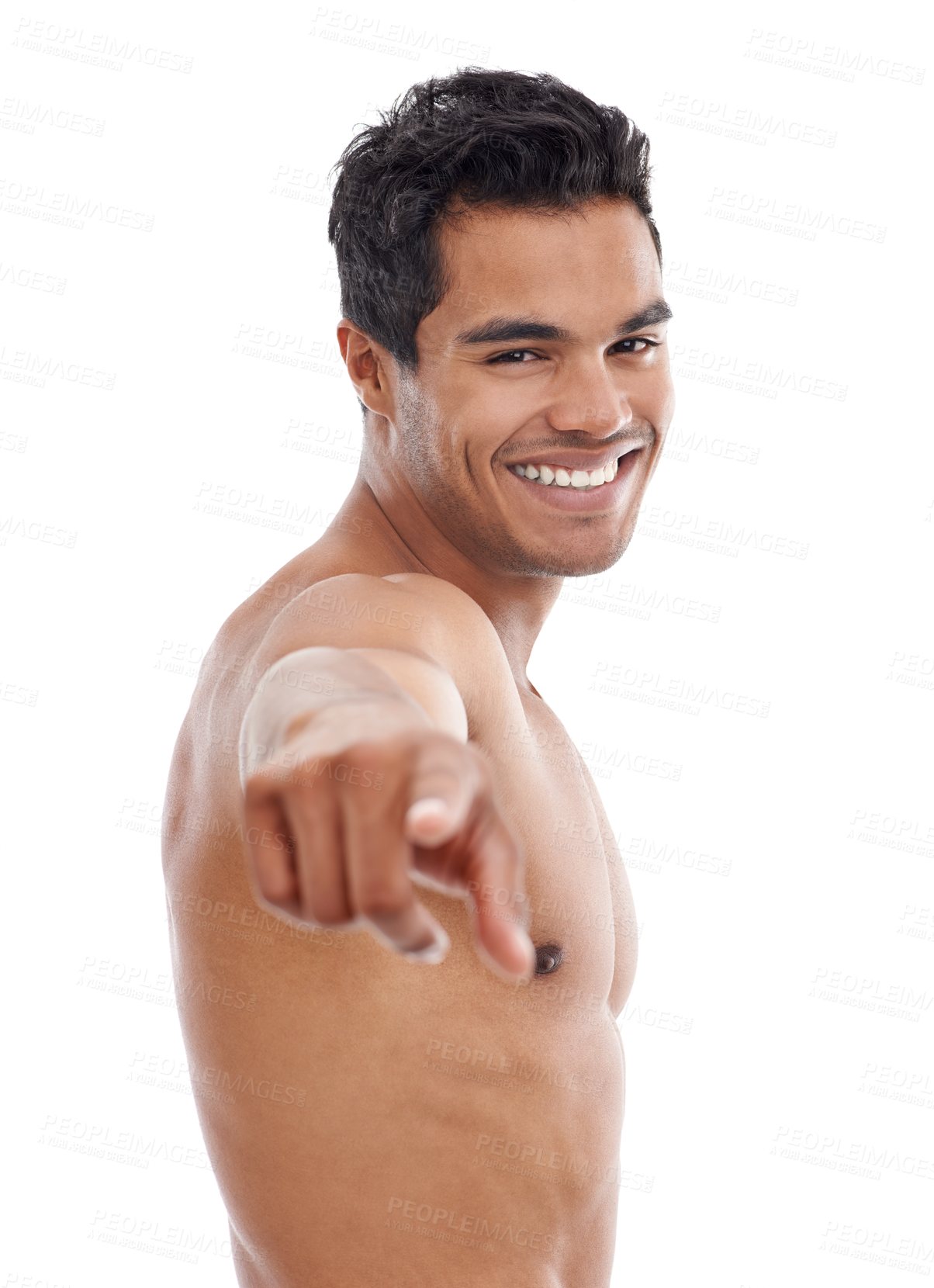 Buy stock photo Fitness, portrait and man with hand pointing at you in studio for gym membership, offer or invitation on white background. Body, face and athlete with finger gesture for muscle or workout challenge