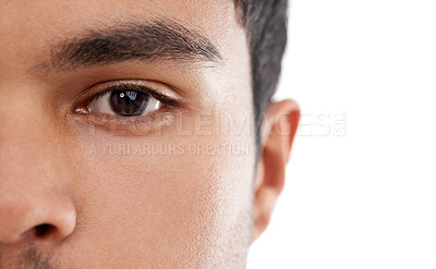 Buy stock photo Eyes, closeup and portrait of man in studio for vision, wellness or examination on white background. Eye test, face and model with eyesight assessment for contact lens, wellness or eyeball health