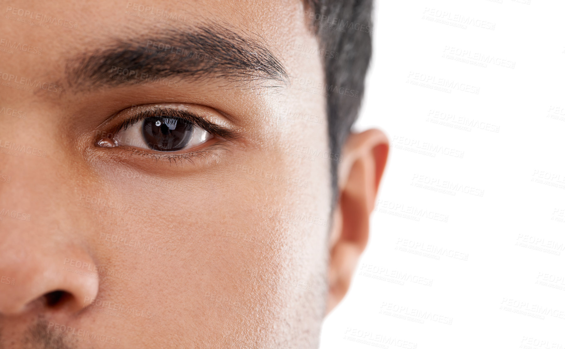 Buy stock photo Eyes, closeup and portrait of man in studio for vision, wellness or examination on white background. Eye test, face and model with eyesight assessment for contact lens, wellness or eyeball health