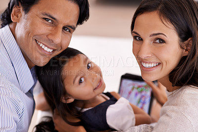 Buy stock photo Happy family, portrait and tablet with games for entertainment, bonding or enjoying weekend at home. Mother, father and daughter on technology for holiday, online app or interaction together at house