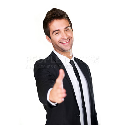 Buy stock photo Extended handshake, portrait and business man hand for deal or partnership. Professional male model happy to shake hands for HR agreement, thank you or hiring isolated on a white background in studio