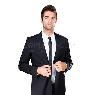 Buy stock photo Studio, fashion and man serious in tuxedo, formal evening wear or elegant outfit isolated on white background. Suit, attitude and gentlemen with classy blazer, fancy clothes and classic apparel style