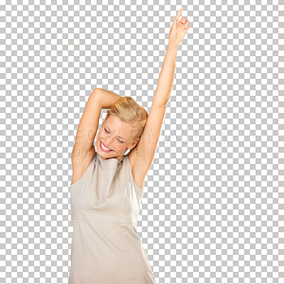 Buy stock photo Woman, cheers and smile fashion or beauty trend, clothes or outfit isolated on transparent png background. Female model person, pose or happy luxury designer, brand style or glamour for positive mood