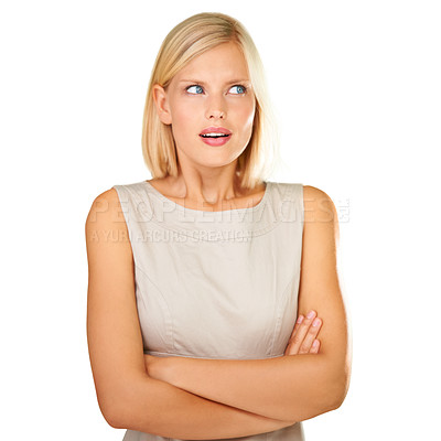 Buy stock photo Confused, thinking and woman with crossed arms on a white background for choice, option and decision. Facial expression, reaction and isolated person with unsure, doubt and attitude in studio