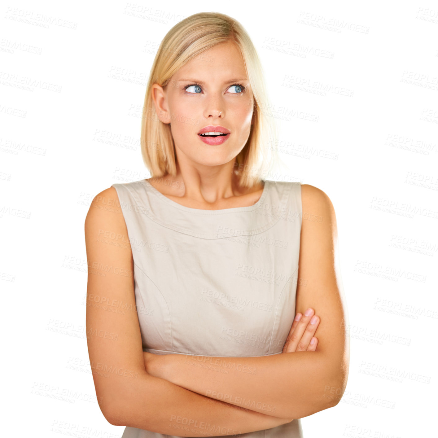 Buy stock photo Confused, thinking and woman with crossed arms on a white background for choice, option and decision. Facial expression, reaction and isolated person with unsure, doubt and attitude in studio