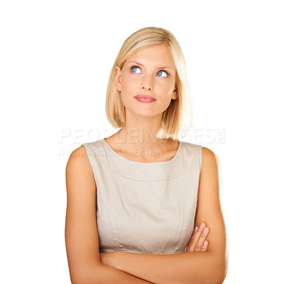 Buy stock photo Thinking, vision and business woman in studio for ideas, planning or search for inspiration on a white background. Professional HR worker or model with arms crossed and brainstorming or job solution 