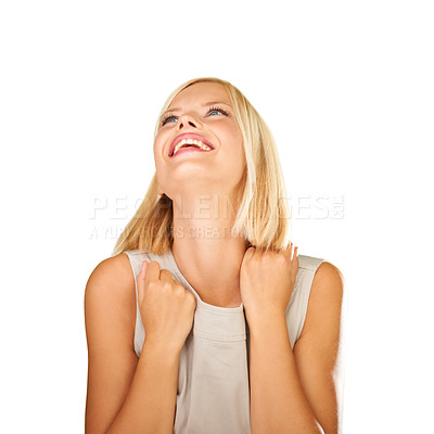 Buy stock photo Happy, excited and woman winning in studio with celebration, success and achievement or opportunity. Young winner, person or model looking up with news, announcement or wow on a white background