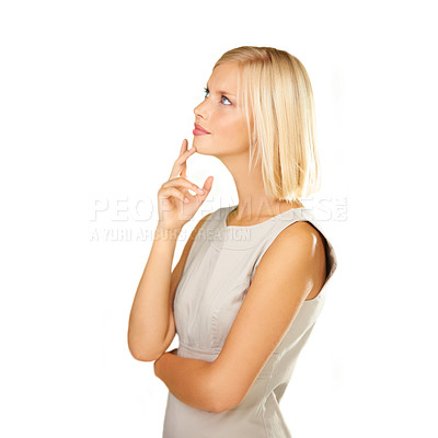 Buy stock photo Thinking, planning and business woman in studio for human resources solution, vision or inspiration on a white background. Professional person or model looking up for brainstorming, ideas or question