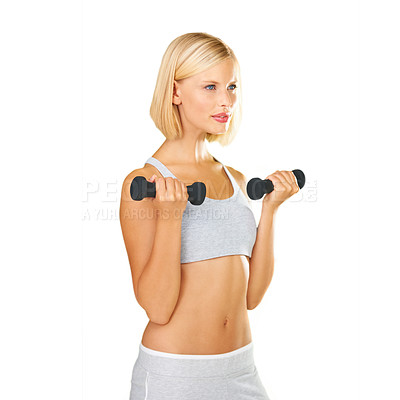 Buy stock photo Woman, exercise and dumbbells in studio for a workout, training or fitness. Female, athlete or bodybuilder model isolated on a white background for weightlifting, weight loss and body wellness