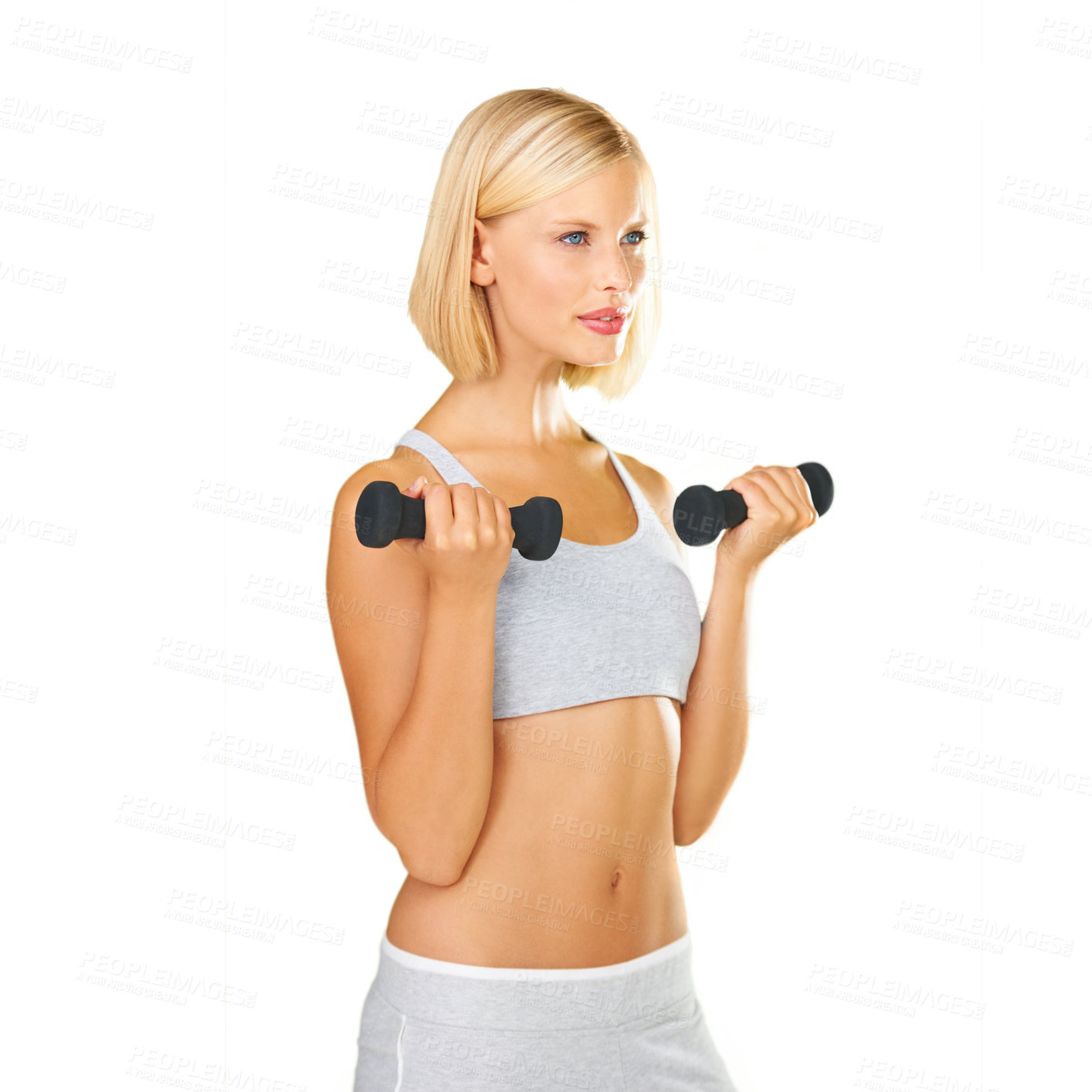 Buy stock photo Woman, exercise and dumbbells in studio for a workout, training or fitness. Female, athlete or bodybuilder model isolated on a white background for weightlifting, weight loss and body wellness