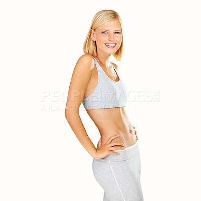 Buy stock photo Happy, fitness and portrait of woman on a white background for wellness, lose weight and healthy body. Smile, sports and isolated person in sportswear for training, exercise and workout in studio