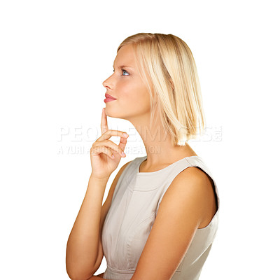 Buy stock photo Thinking, ideas and business woman in studio for human resources solution, vision or inspiration on a white background. Professional person or model looking up for brainstorming, planning or question