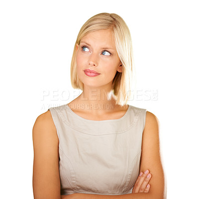 Buy stock photo Thinking, solution and business woman in studio for human resources ideas, vision or inspiration on a white background. Professional, worker or model with arms crossed and brainstorming or planning 