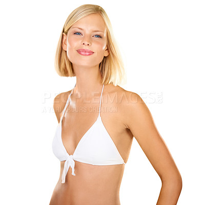 Buy stock photo Happy woman, portrait and blonde with bikini in fashion, style or swimwear on a white studio background. Female person or model smile in underwear for beauty, clothing or makeup cosmetics on mockup