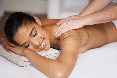 Buy stock photo Happy woman, eyes closed or hands for back massage to relax for resting or wellness physical therapy. Smile, sleeping or girl in salon for body healing or natural holistic detox by masseuse