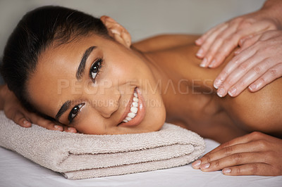 Buy stock photo Happy woman, portrait or hands for back massage in hotel to relax for zen resting or wellness physical therapy. Face of girl smiling in salon for body healing or natural holistic detox by masseuse