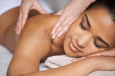 Buy stock photo Girl, sleeping or hands for back massage in spa to relax for zen resting or wellness physical therapy. Calm woman in hotel salon for body healing treatment or natural holistic detox by masseuse  