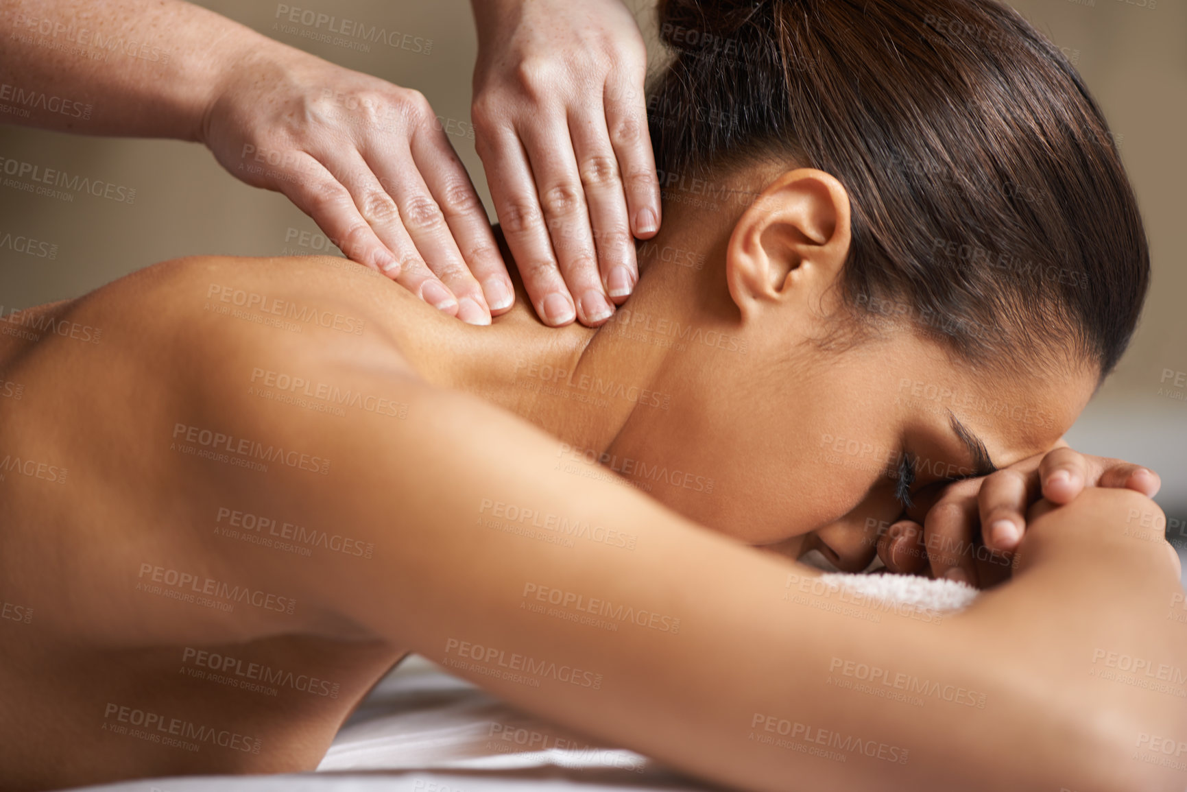 Buy stock photo Woman, client or hands for neck massage in hotel spa to relax for zen resting or wellness physical therapy. Face of girl in salon for body healing, sleeping or natural holistic detox by masseuse 