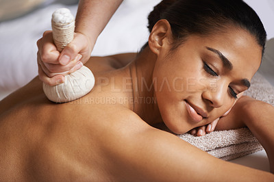 Buy stock photo Girl, compress or hands for back massage in salon to relax for zen resting or wellness in physical therapy healing. Woman in spa for sleeping or natural holistic body detox by masseuse with hot balls