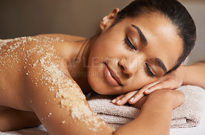 Buy stock photo Woman, body scrub or back massage in spa to relax for zen, sleeping or wellness physical therapy in resort. Relaxed girl client in salon to exfoliate for luxury skincare treatment or beauty therapy