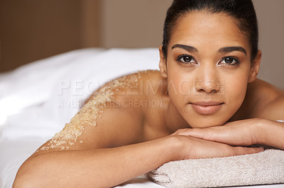 Buy stock photo Portrait, body scrub or massage for girl to relax for resting, zen calm or wellness physical therapy in spa. Face of female client in beauty salon to exfoliate for healthy skincare healing treatment