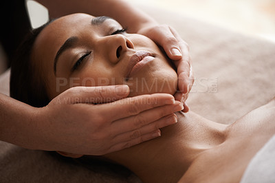 Buy stock photo Girl sleeping, hands or head massage to relax for zen resting or wellness physical therapy in luxury spa. Face of woman in salon to exfoliate for facial healing treatment, beauty or holistic detox