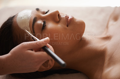 Buy stock photo Beauty, clay and woman with face mask at spa for glow, wellness and skincare routine with self care. Cosmetic, pamper and female person relaxing for natural facial dermatology treatment at salon.