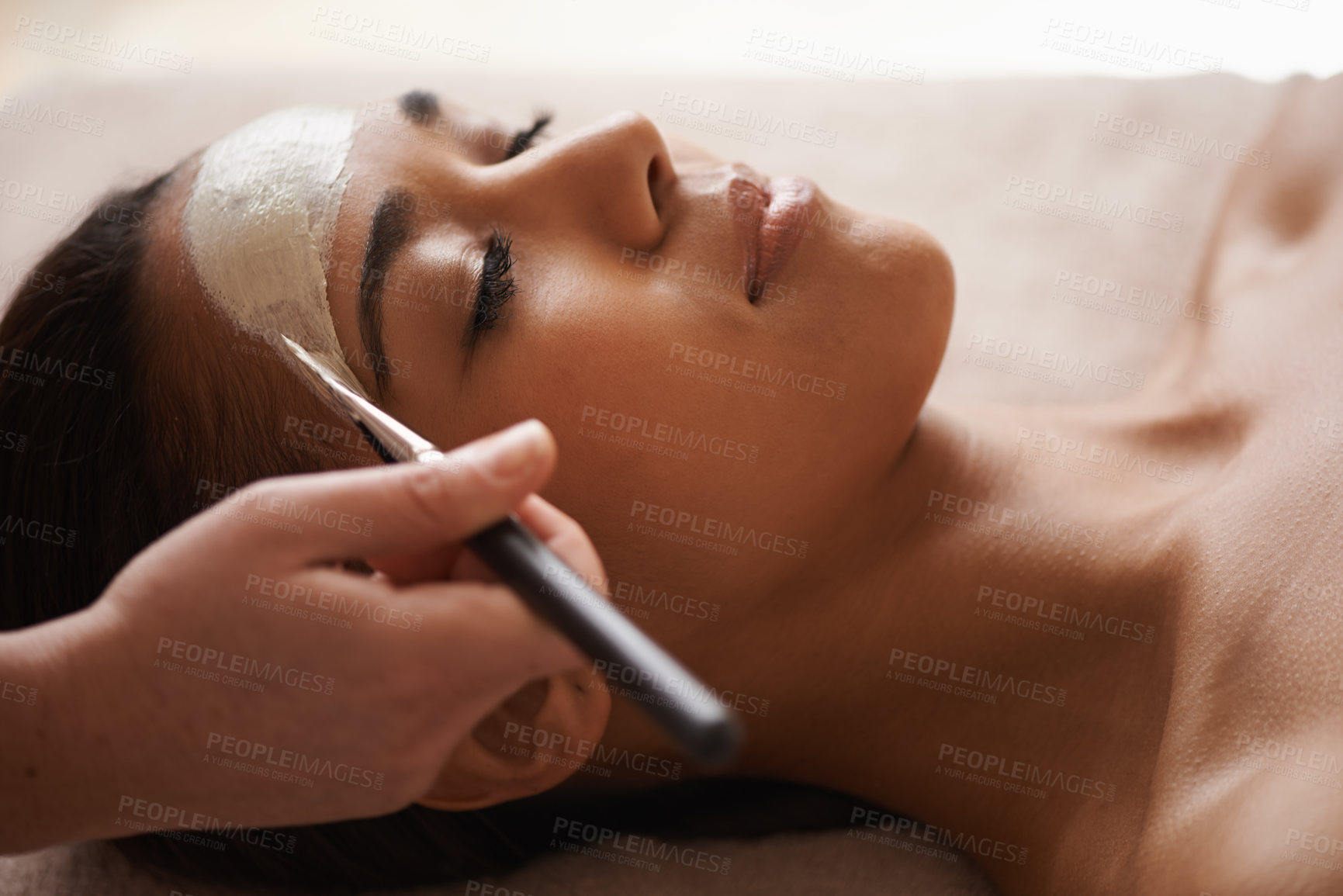 Buy stock photo Beauty, clay and woman with face mask at spa for glow, wellness and skincare routine with self care. Cosmetic, pamper and female person relaxing for natural facial dermatology treatment at salon.