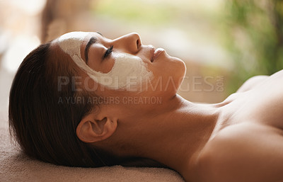 Buy stock photo Health, clay and woman with face mask at spa for glow, wellness and beauty routine with self care. Cosmetic, skincare and female person relaxing for natural facial dermatology treatment at salon.