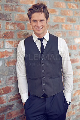 Buy stock photo Portrait, fashion and happy business man with formal, clothes or professional style on brick wall background. Corporate, face or male lawyer with positive attitude, confidence or smart outfit choice