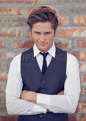 Buy stock photo Fashion, portrait and business man with arms crossed, confidence or professional style on brick wall background. Corporate, face or male lawyer with startup law firm pride, ambition or career focus