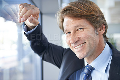 Buy stock photo Window, happy and portrait of business man in office for thinking, pride and confident lawyer for company. Corporate manager, professional and person in workplace for career, job and opportunity