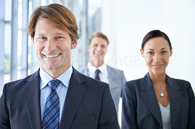 Buy stock photo Teamwork, portrait and happy business people in office for legal company, management and collaboration. Corporate lawyers, professional attorney and men and woman for partnership, law firm and career