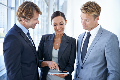 Buy stock photo Meeting, teamwork and business people in office with tablet for legal company, law firm and collaboration. Corporate, attorney and lawyers on digital tech for online research, website and networking