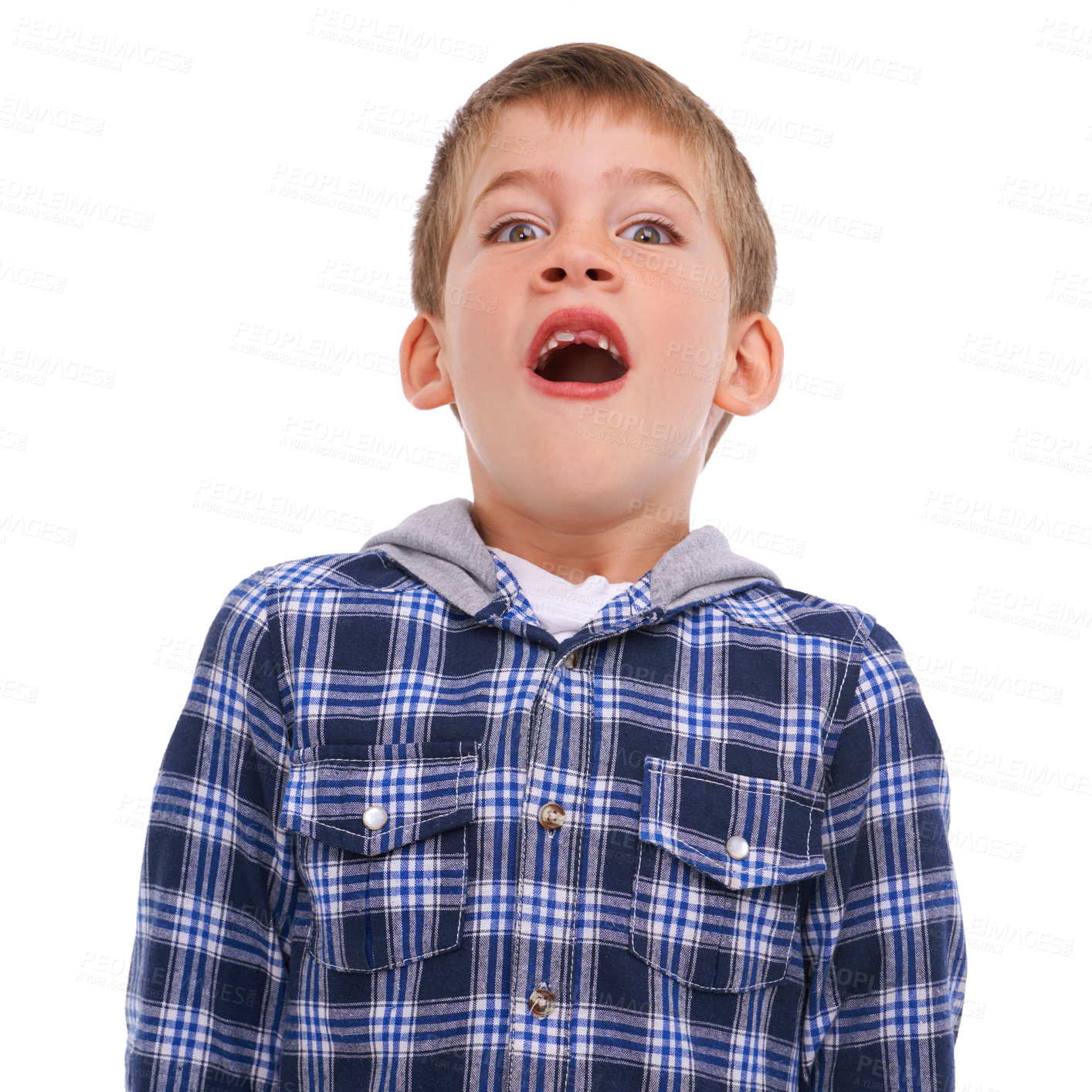 Buy stock photo Portrait, children and wow with a boy in studio isolated on a white background with a missing tooth. Kids, surprise or shocked with a male child feeling amazed with big eyes and surprised expression