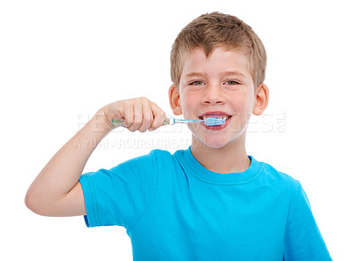 Buy stock photo Boy, brushing and teeth for dental care, health or hygiene against white studio background. Portrait of happy isolated child with smile and toothbrush for clean fresh healthy oral, gum or mouth care