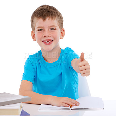 Buy stock photo Thumbs up, learning and child with books in studio education, back to school and knowledge success. Yes, ok and winning hand sign of boy in portrait for writing goals, isolated on white background