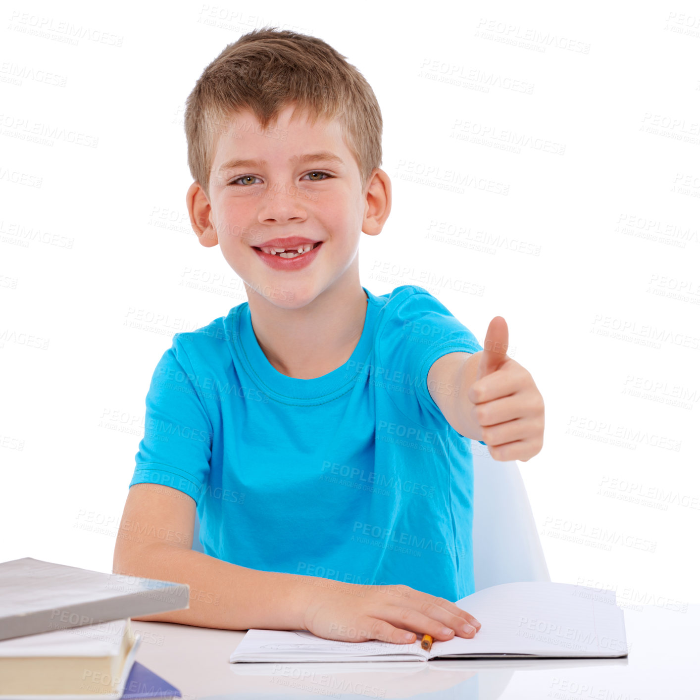 Buy stock photo Thumbs up, learning and child with books in studio education, back to school and knowledge success. Yes, ok and winning hand sign of boy in portrait for writing goals, isolated on white background