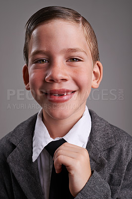 Buy stock photo Smile, fashion and portrait of child in studio with classy, fancy and trendy shirt and tie. Happy, cute and young boy kid with elegant style, confidence and positive attitude by gray background.