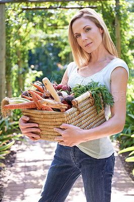 Buy stock photo Woman, portrait and basket for vegetables harvest for small business or agriculture, production or sustainability. Female person, face and carrots or beetroot or eco farming career, organic or diet
